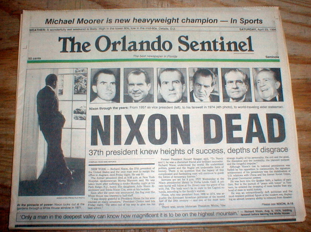 1994 Orlando Sentinel FLORIDA display headline newspaper RICHARD NIXON