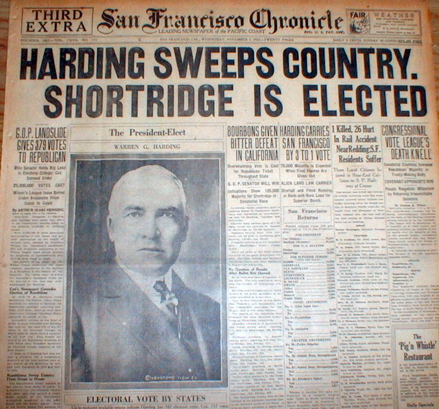 BEST 1920 headline newspaper Republican WARREN G HARDING is ELECTED US