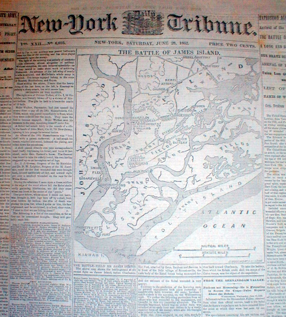 1862 Civil War newspaper w DETAILED MAP BATTLE of JAMES ISLAND South