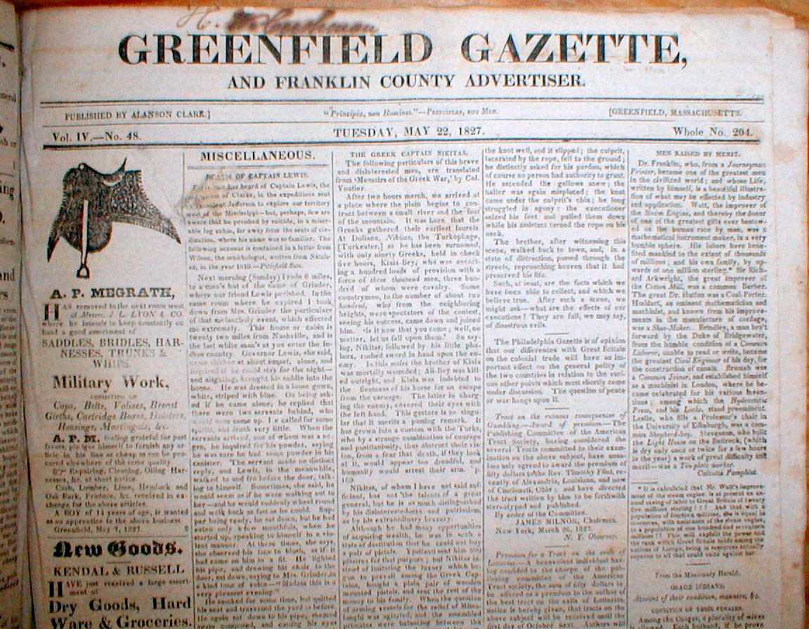 1827 bound volume of newspapers GREENFIELD GAZETTE Franklin County