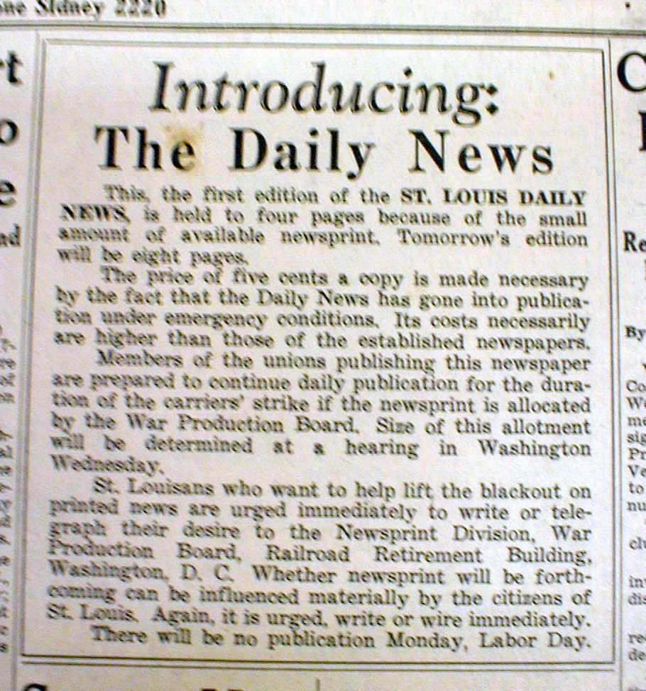 Rare original 1945 Missouri newspaper ST LOUIS DAILY NEWS Printed only