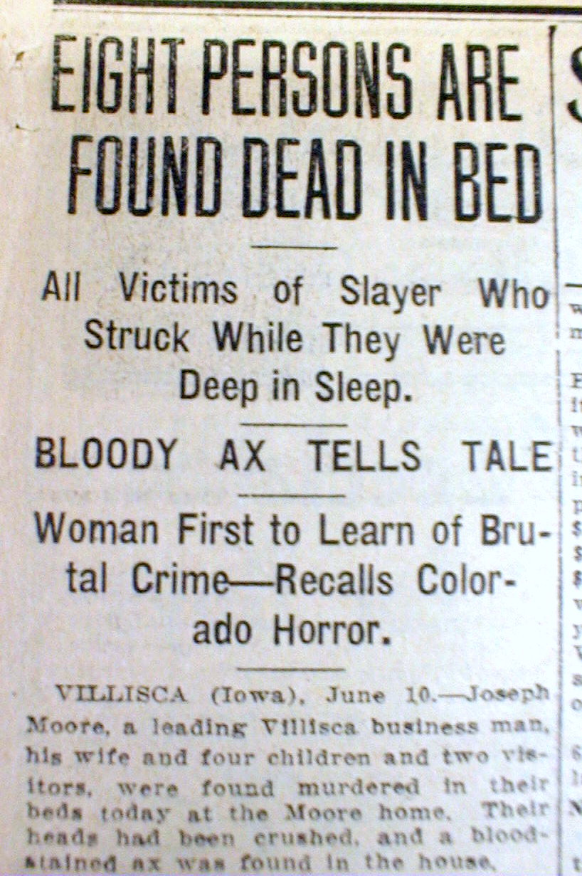 1912 newspaper VILLISCA AXE MURDERS in Iowa Killer hacks 8 persons MOORE FAMILY eBay