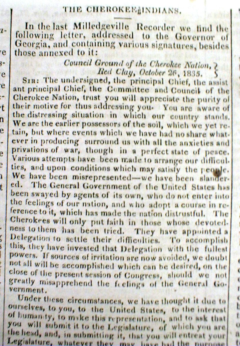 1835 newspaper CHEROKEE INDIANS appeal to GOVERNOR on INDIAN