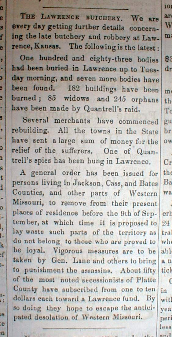 1863 Civil War newspaper CONFEDERATE WM QUANTRILL RAID Massacre