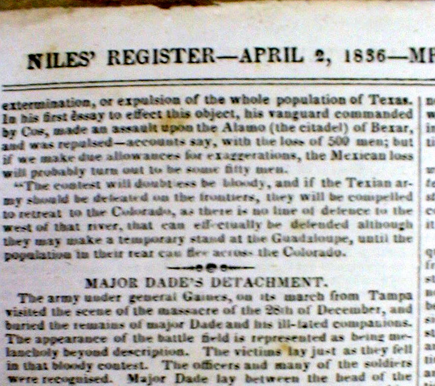 1836 newspaper TEXAS WAR OF INDEPENDENCE Battle of the ALAMO begins SAN