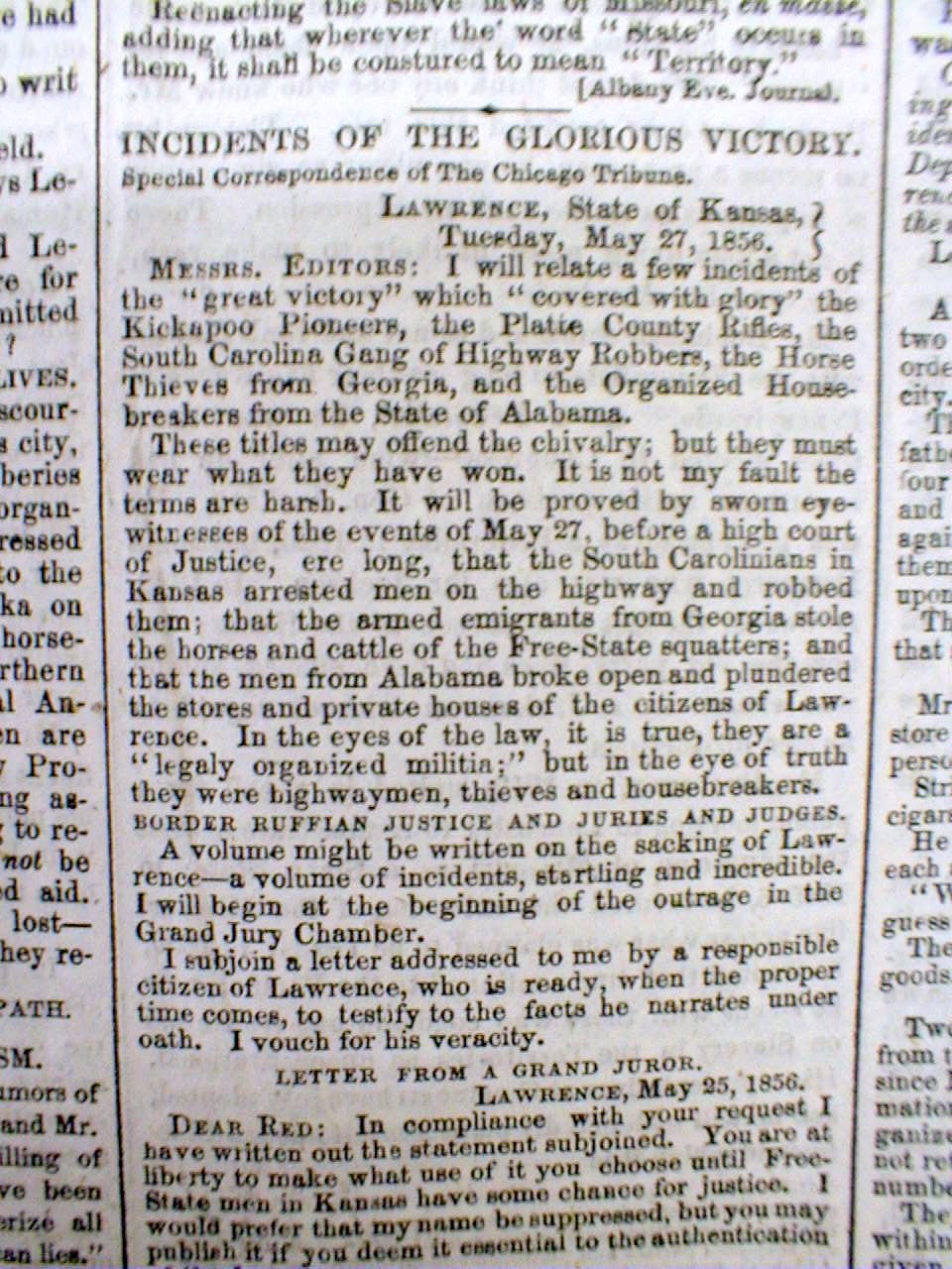 4 1856 headline newspapers SACKING o LAWRENCE Kansas PRO SLAVERY Border