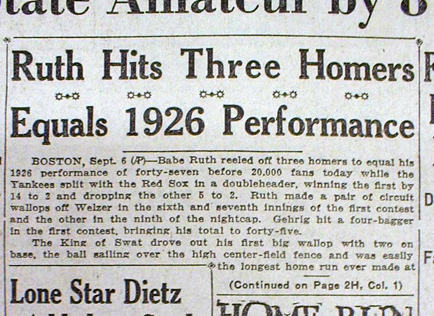 1927 Newspaper NY Y Yankee BABE RUTH HITS 3 HOME RUNS In 1 Game For The