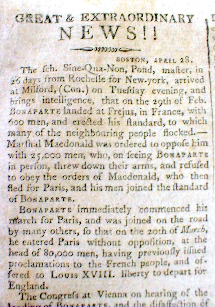 1815 headline newspaper NAPOLEON BONAPARTE returns to FRANCE from EXILE
