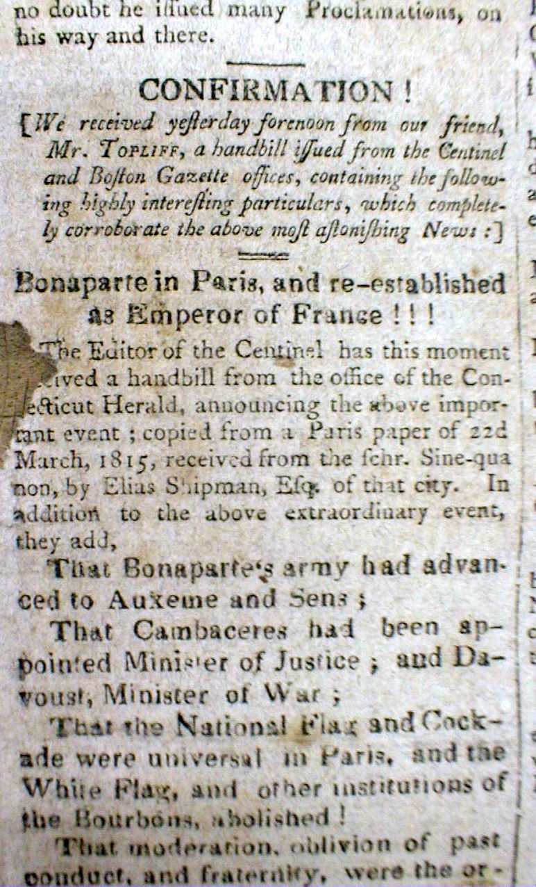 1815 headline newspaper NAPOLEON BONAPARTE returns to FRANCE from EXILE