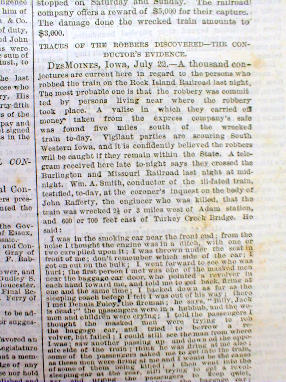 BEST 1873 headline display newspaper JESSE JAMES GANG ROBS TRAIN at