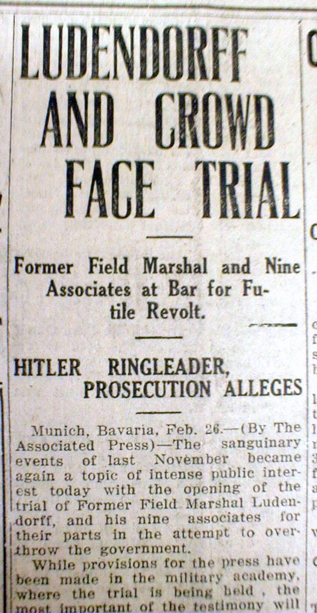 2 1924 newspapers Nazi ADOLPH HITLER TRIAL for treason BEER HALL REVOLT