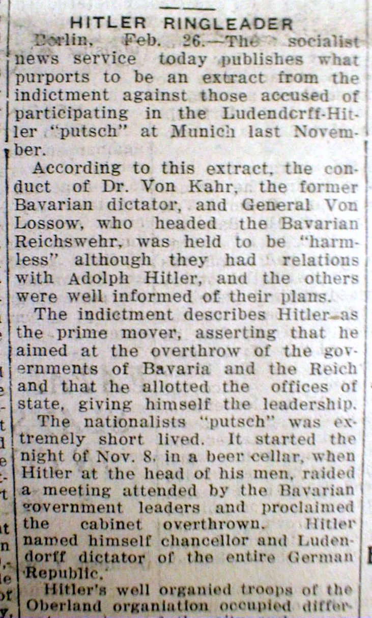 2 1924 newspapers Nazi ADOLPH HITLER TRIAL for treason BEER HALL REVOLT