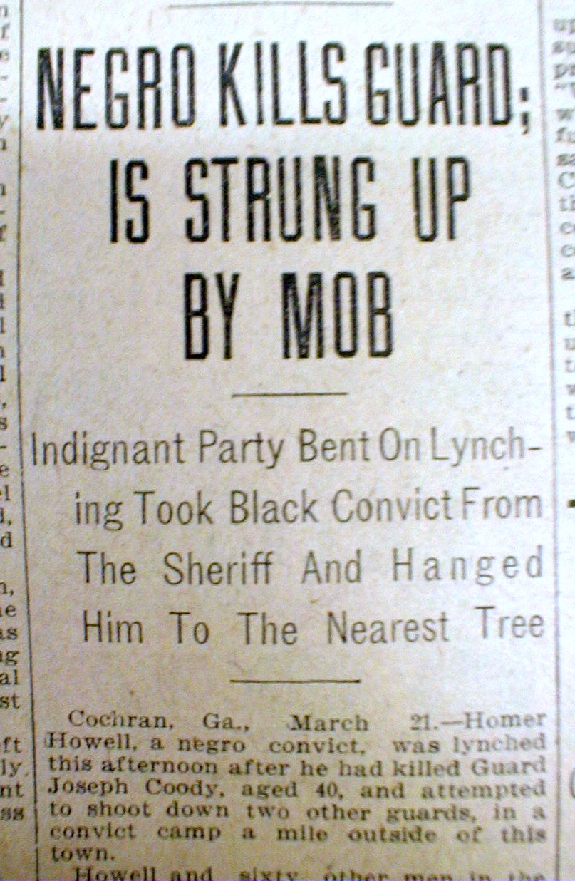 1912 newspaper NEGRO MAN LYNCHED then shot at COCHRAN by a