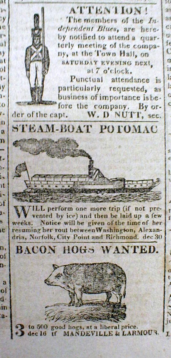 1823 newspaper ALEXANDRIA Virginia w 2 illustrated MILITIA ADs +illust