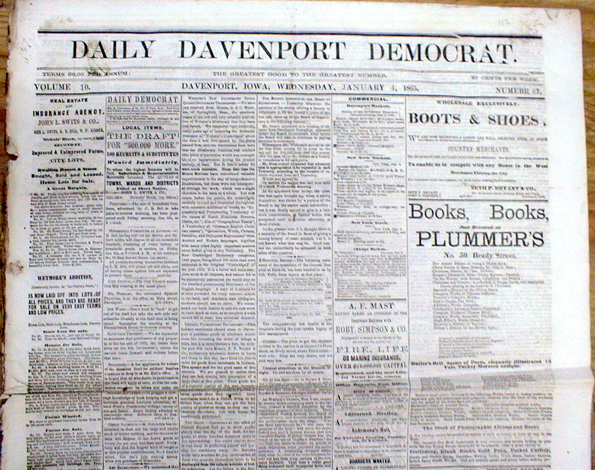 Oreiginal 1865 Davenport Daily Democrat IOWA newspaper w CIVIL WAR