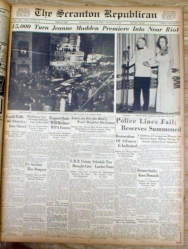 1936 Scranton PA newspaper w JEANNE MADDEN Hometown movie premiere