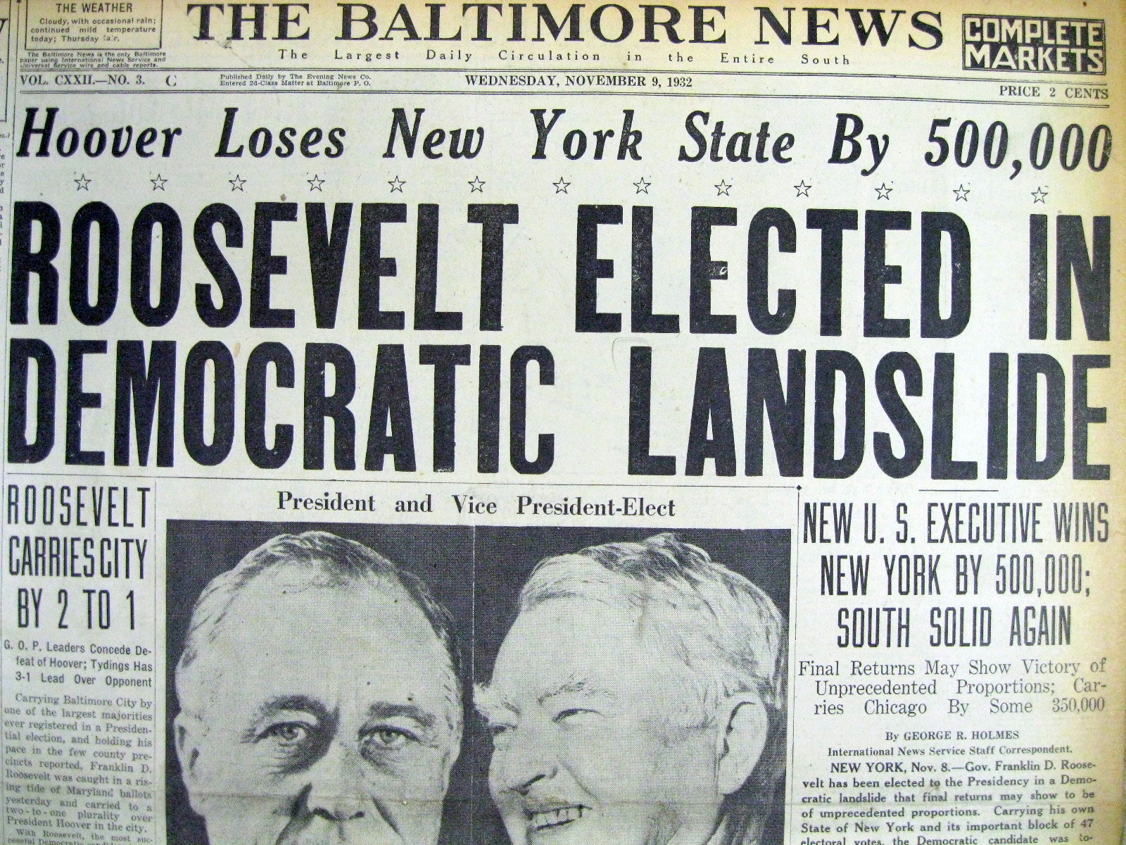 1932 headline newspaper Democrat FRANKLIN D ROOSEVELT ELECTED PRESIDENT