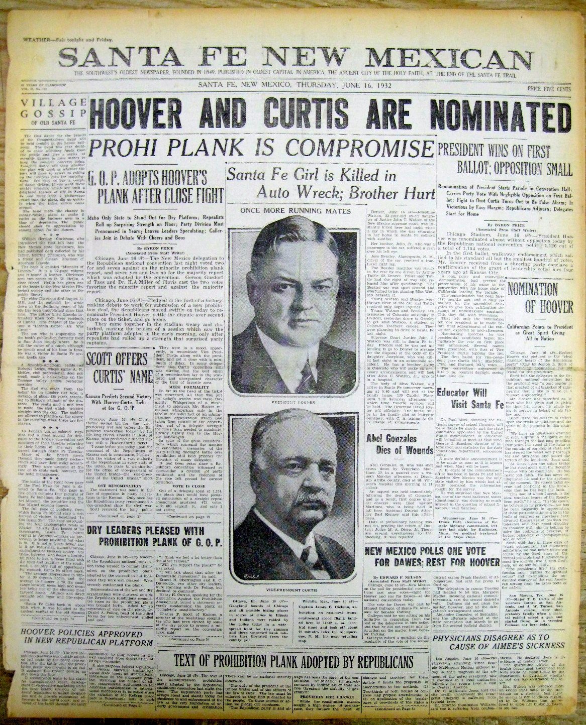 1932 headline newspaper REPUBLICANS nominate HERBERT HOOVER for US PRESIDENT