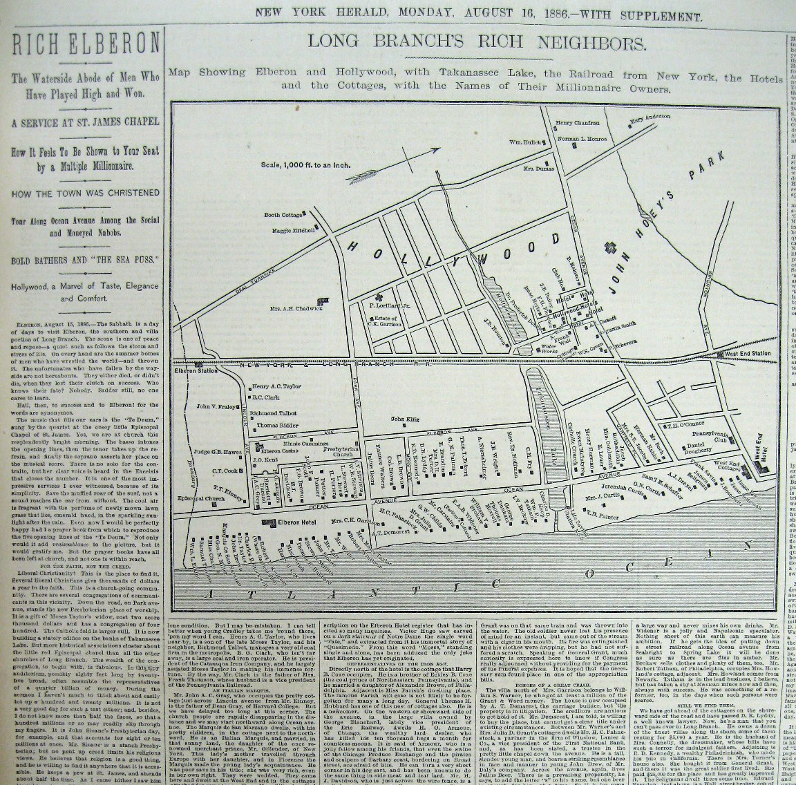 1886 newspaper wDetailed street MAP & description LONG BRANCH Elberon