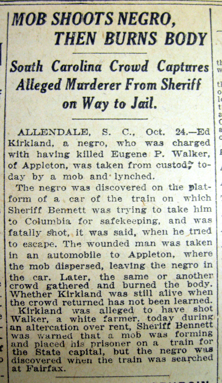 1921 NEW YORK TIMES newspaper NEGRO MAN is LYNCHED at ALLENDALE South