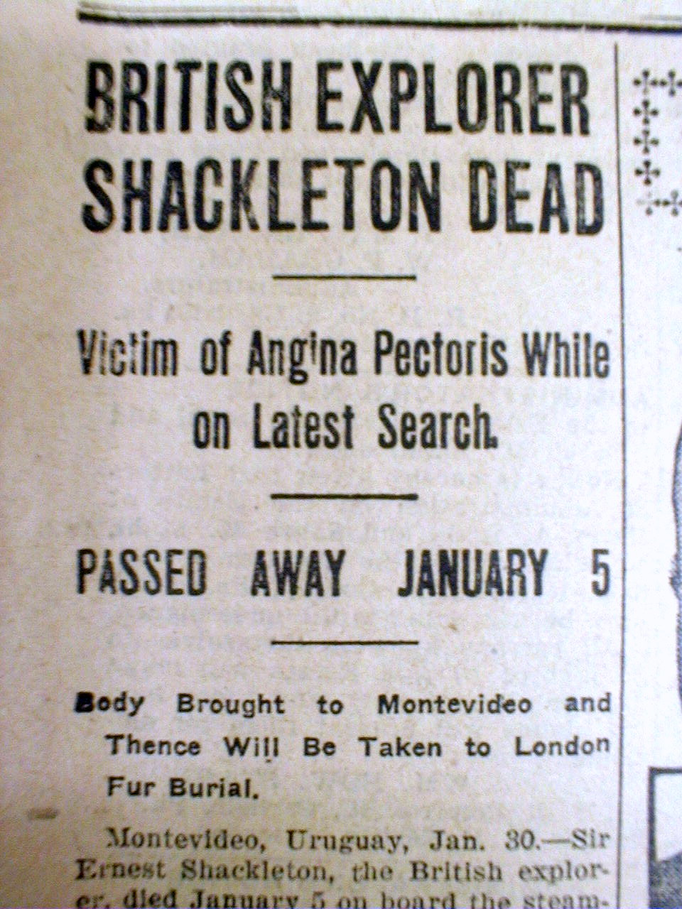 1922 newspaper Polar Explorer ERNEST SHACKLETON DEAD
