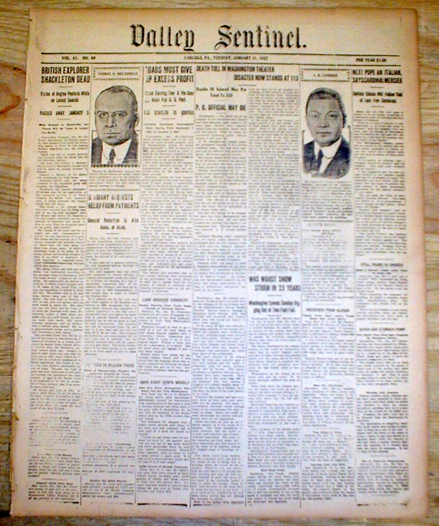 1922 newspaper Polar Explorer ERNEST SHACKLETON DEAD