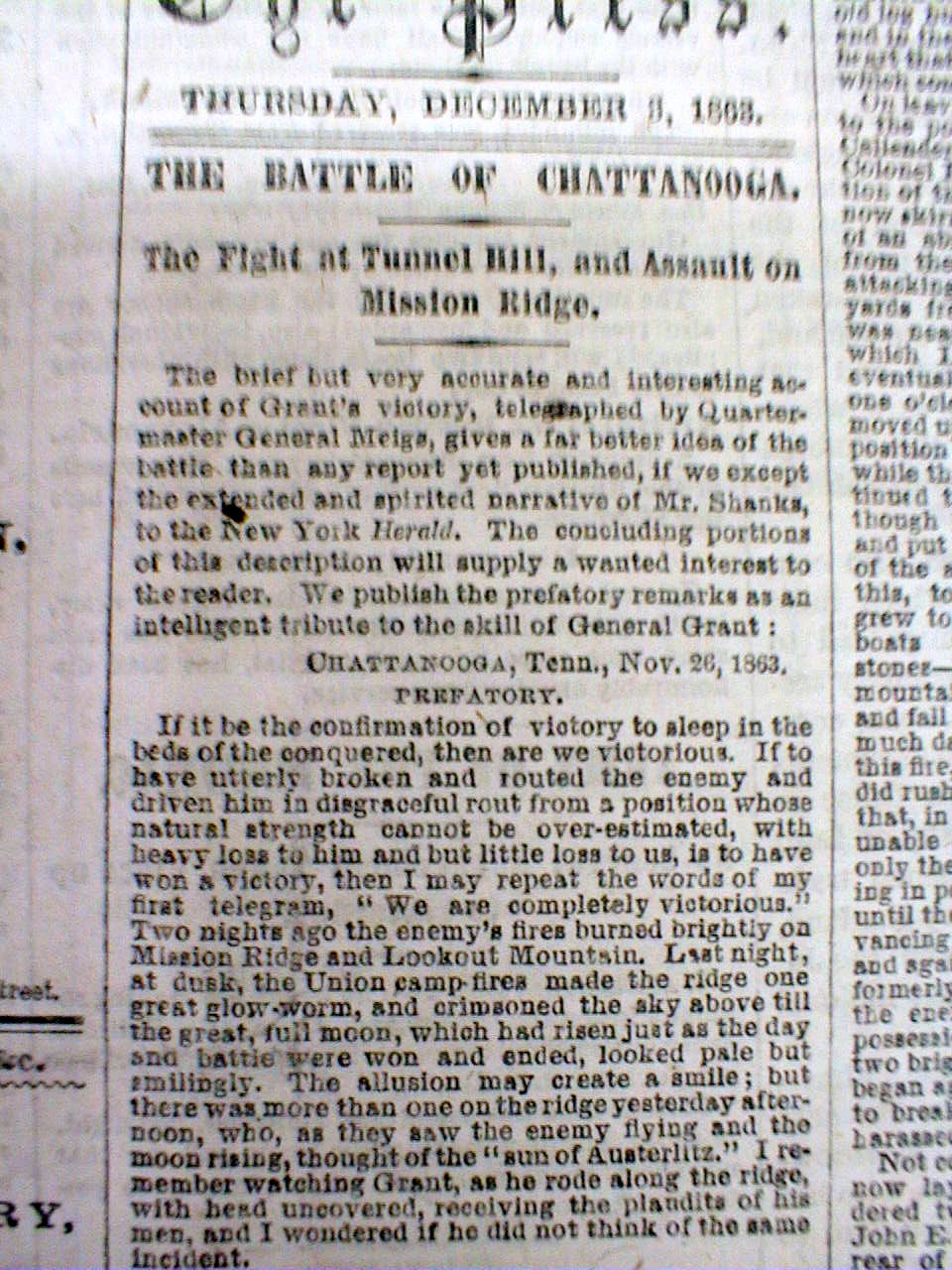 Original 1863 PHILA Civil War headline newspaper BATTLE of CHATTANOOGA