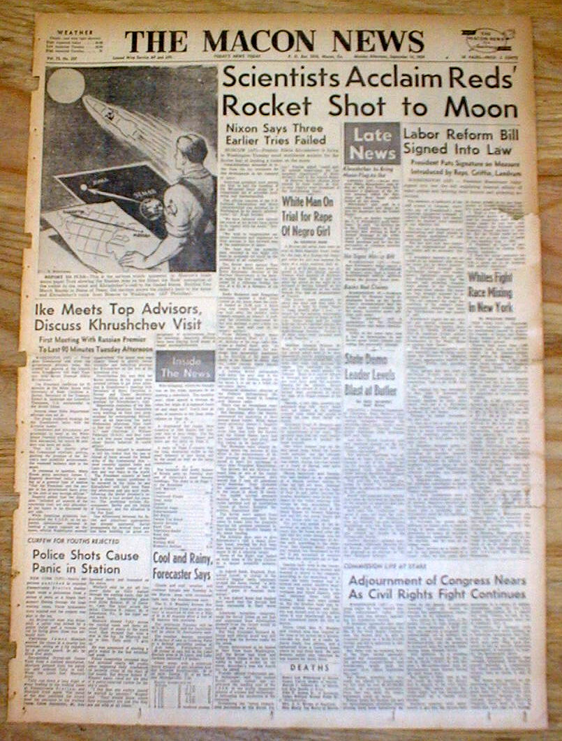 2 1959 headlin newspapers RUSSIA ROCKET LUNA-2 lands 1st man-made ...