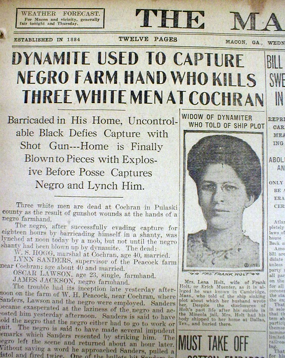 1915 Macon newspaper NEGRO LYNCHED w DYNAMITE at Cochran PULASKI COUNTY