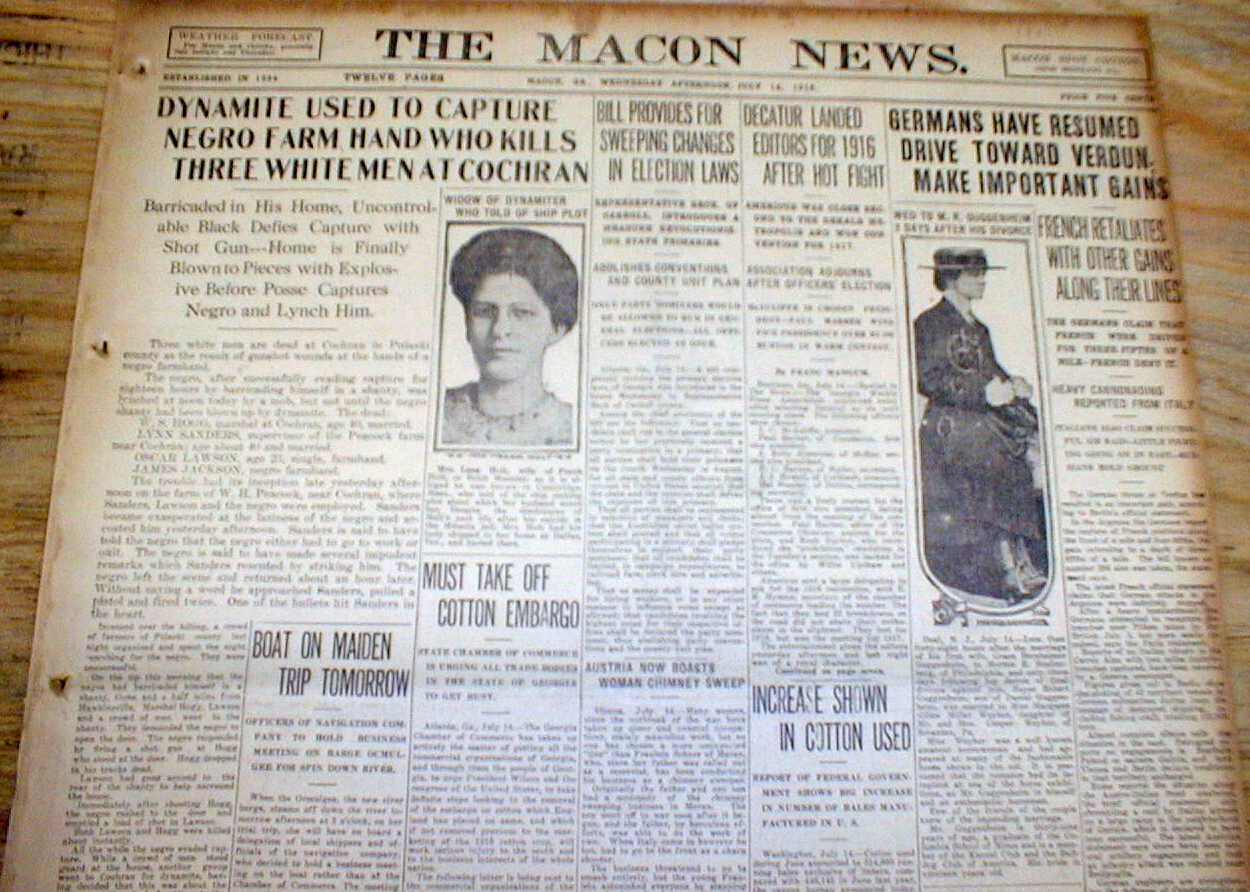 1915 Macon newspaper NEGRO LYNCHED w DYNAMITE at Cochran PULASKI COUNTY