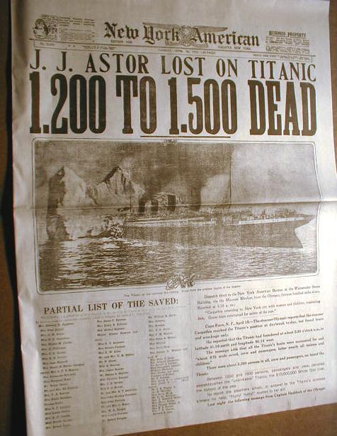 1912 newspaper TITANIC SINKS w Best Headline & photo !